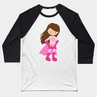 Superhero Girl, Brown Hair, Cute Girl, Pink Cape Baseball T-Shirt